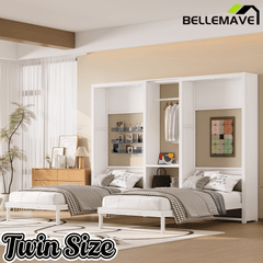 Bellemave® Twin Size 2 in 1 Design Metal Foldable Murphy Bed with Wardrobe, Shelves and Power Outlets, - Bellemave