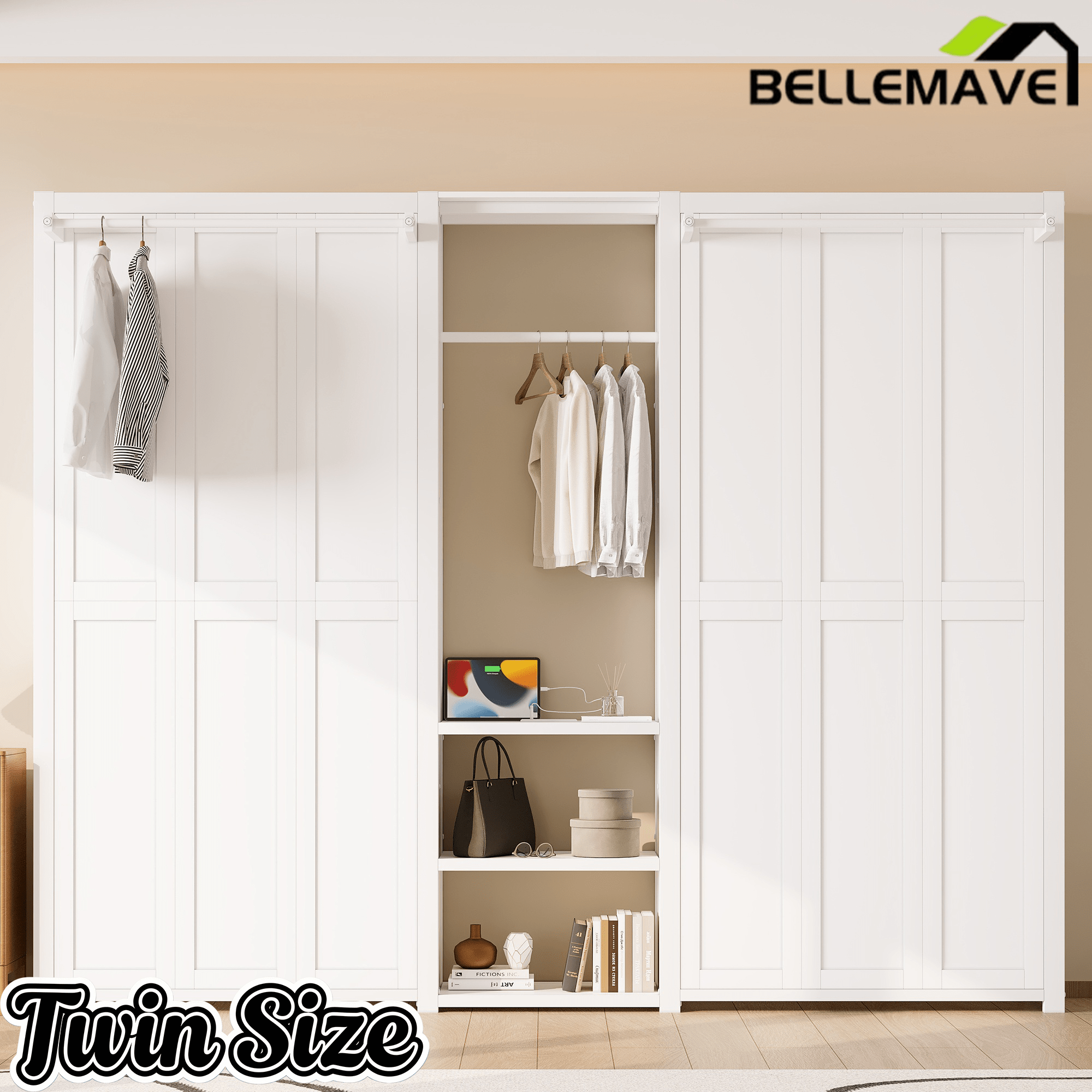 Bellemave® Twin Size 2 in 1 Design Metal Foldable Murphy Bed with Wardrobe, Shelves and Power Outlets, - Bellemave