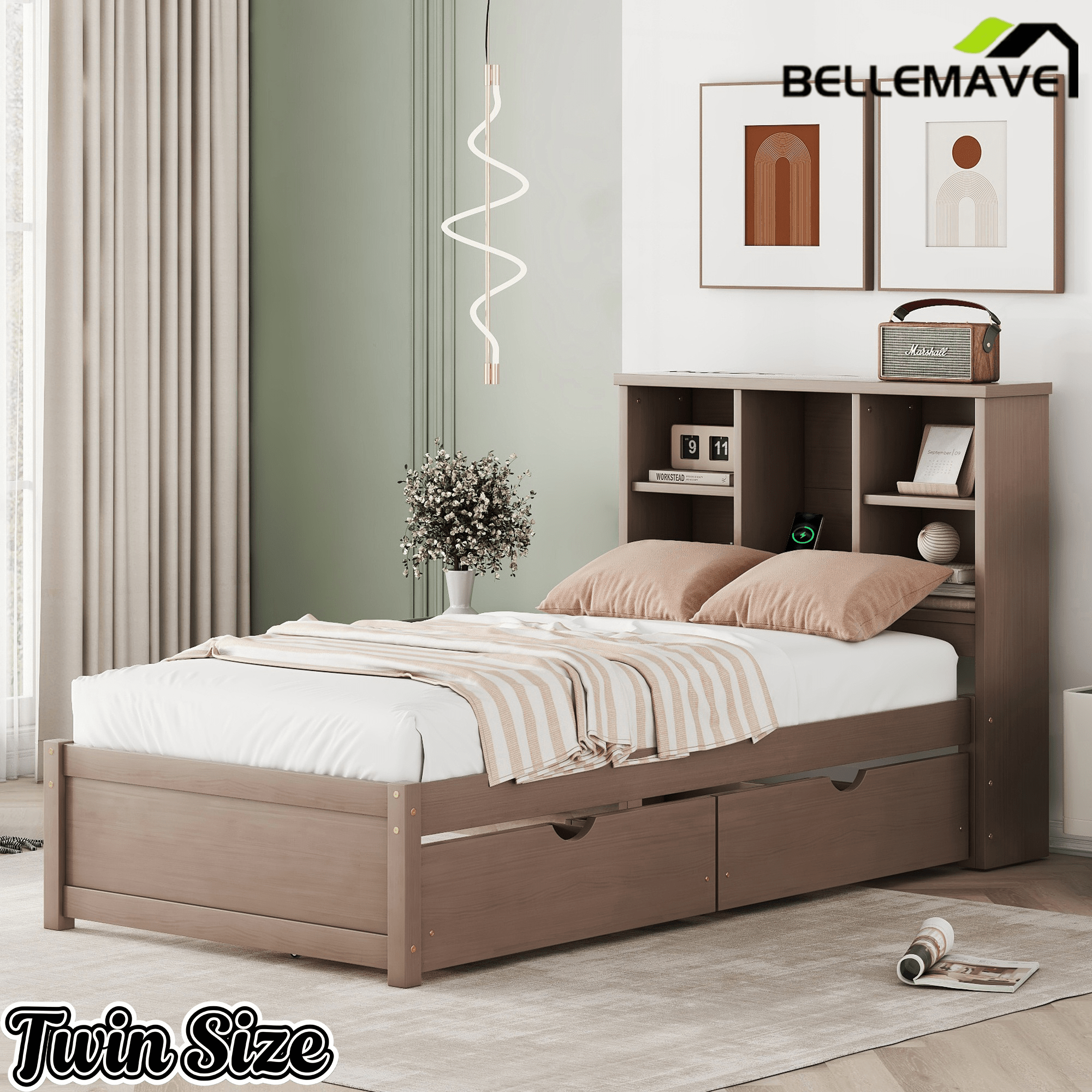 Bellemave® Twin Size Bed Frame with Storage Drawers & Storage Headboard, Wood Platform Bed with Bookcase & Charging Station,Grey - Bellemave
