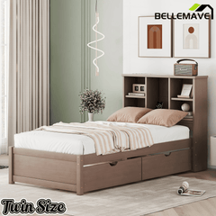 Bellemave® Twin Size Bed Frame with Storage Drawers & Storage Headboard, Wood Platform Bed with Bookcase & Charging Station,Grey - Bellemave