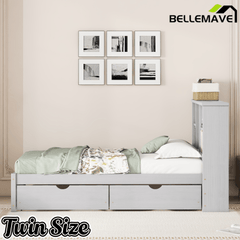 Bellemave® Twin Size Bed Frame with Storage Drawers & Storage Headboard, Wood Platform Bed with Bookcase & Charging Station,Grey - Bellemave