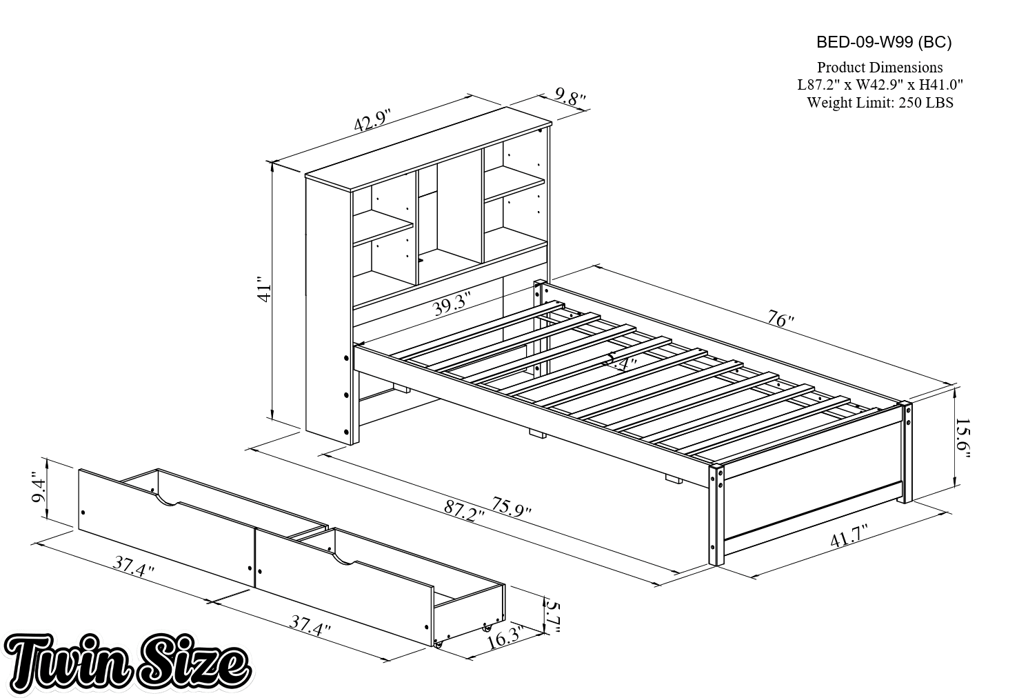 Bellemave® Twin Size Bed Frame with Storage Drawers & Storage Headboard, Wood Platform Bed with Bookcase & Charging Station,Grey - Bellemave