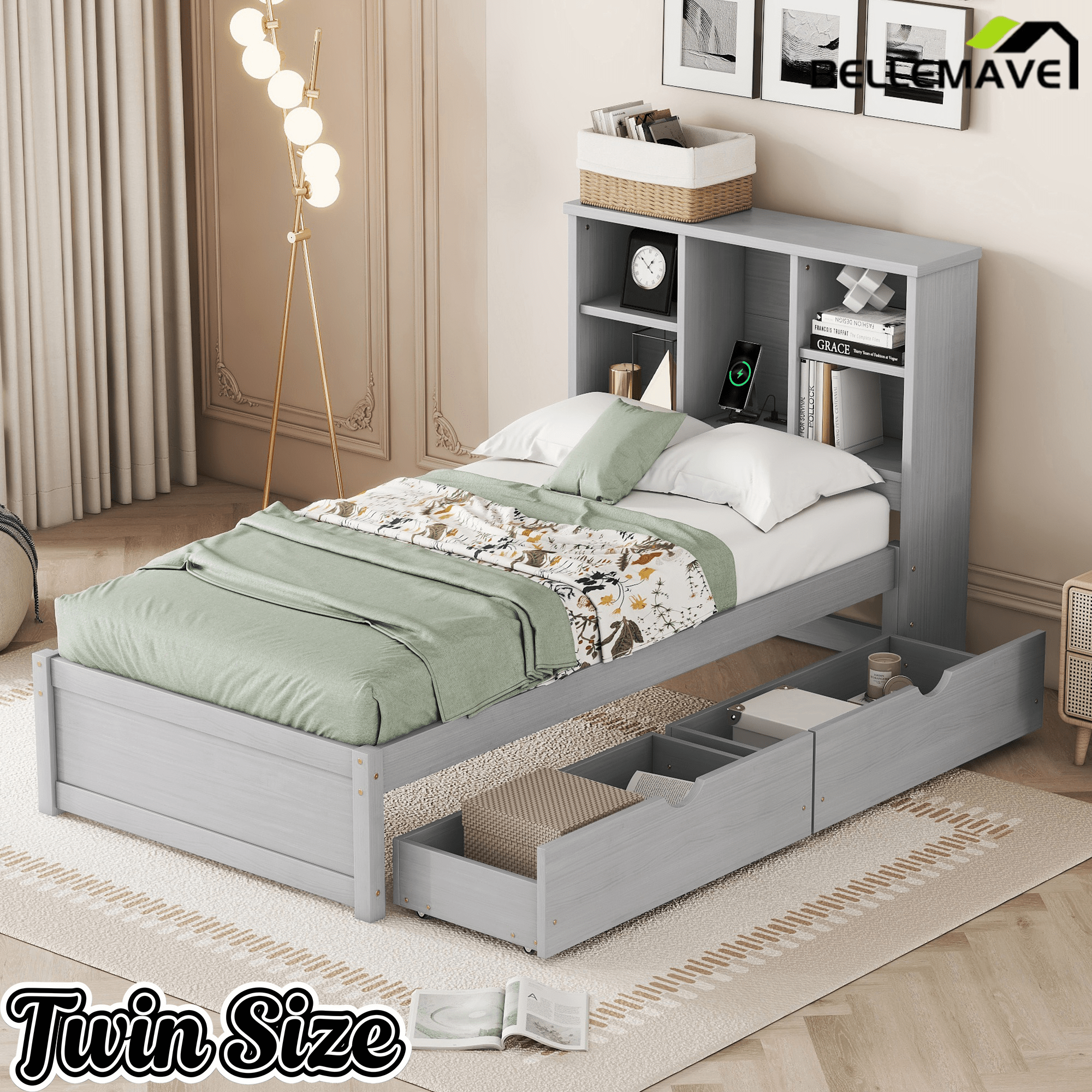 Bellemave® Twin Size Bed Frame with Storage Drawers & Storage Headboard, Wood Platform Bed with Bookcase & Charging Station,Grey - Bellemave