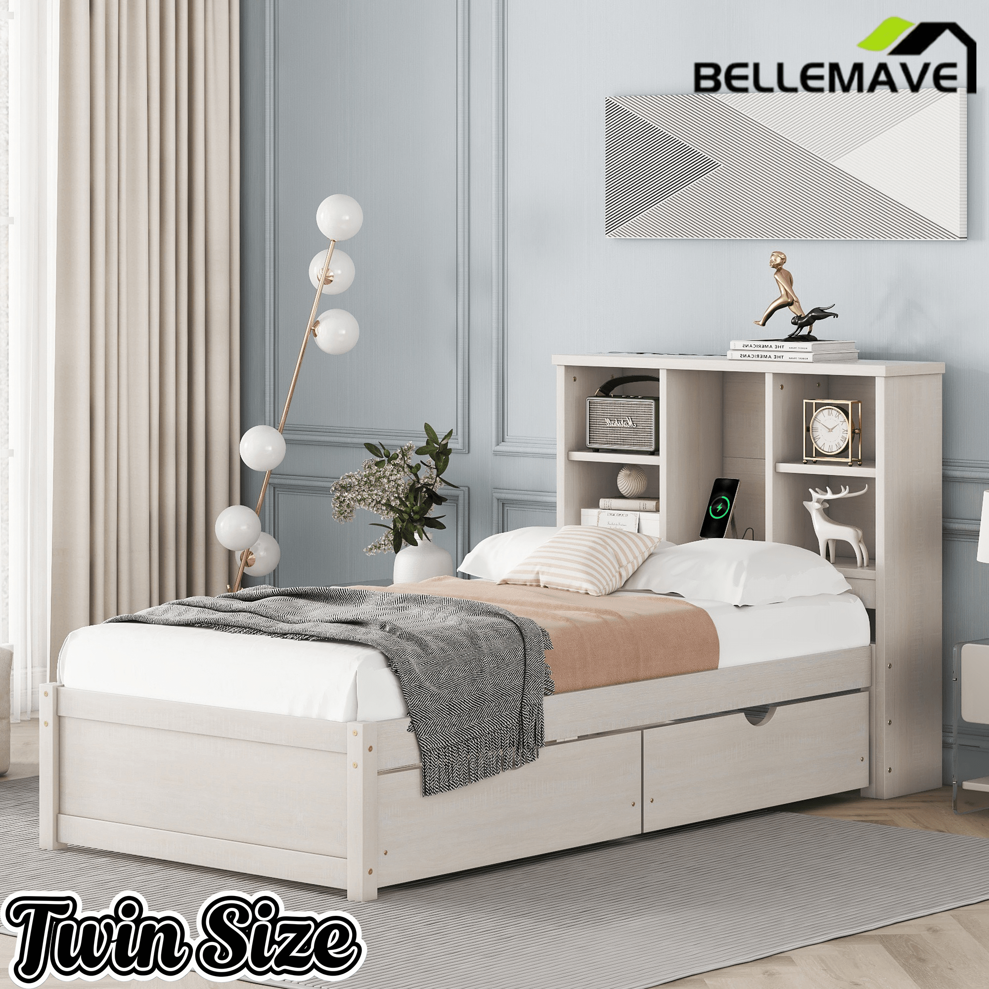 Bellemave® Twin Size Bed Frame with Storage Drawers & Storage Headboard, Wood Platform Bed with Bookcase & Charging Station,Grey - Bellemave