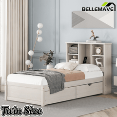 Bellemave® Twin Size Bed Frame with Storage Drawers & Storage Headboard, Wood Platform Bed with Bookcase & Charging Station,Grey - Bellemave