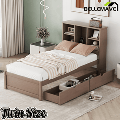 Bellemave® Twin Size Bed Frame with Storage Drawers & Storage Headboard, Wood Platform Bed with Bookcase & Charging Station,Grey - Bellemave