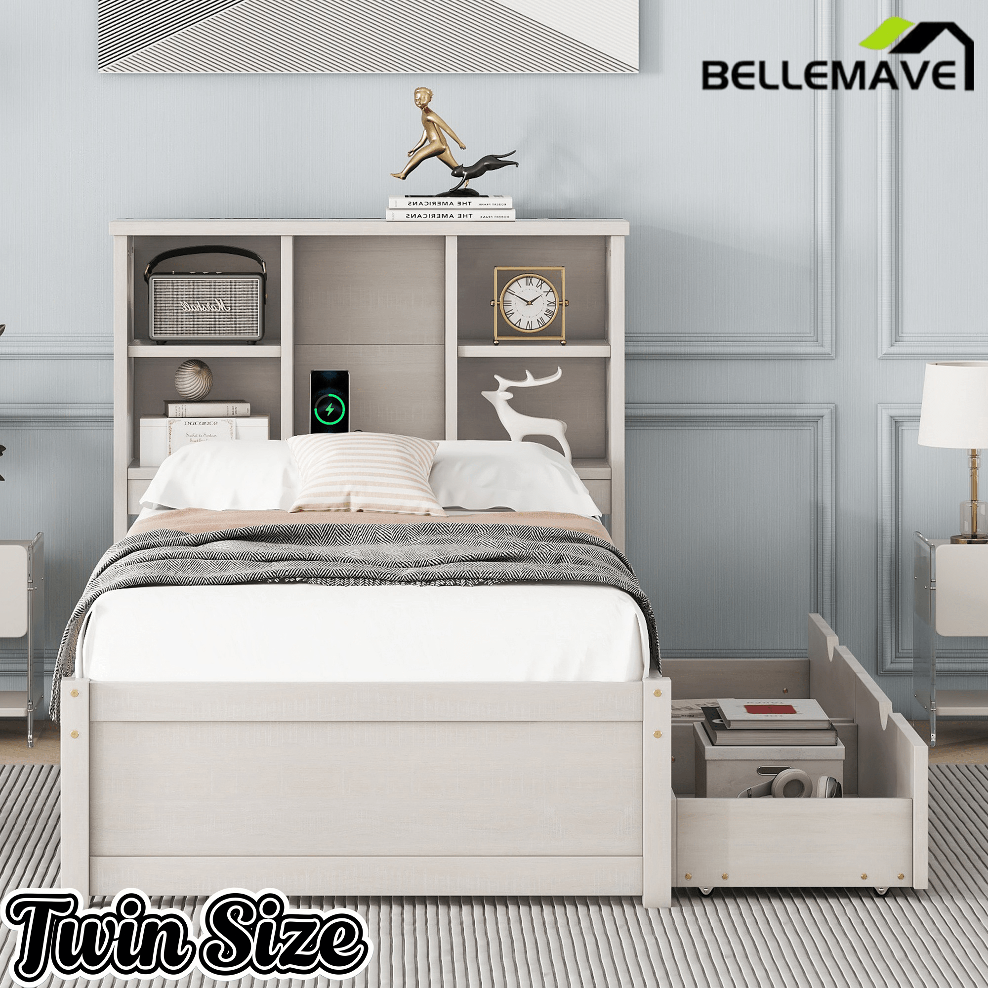 Bellemave® Twin Size Bed Frame with Storage Drawers & Storage Headboard, Wood Platform Bed with Bookcase & Charging Station,Grey - Bellemave