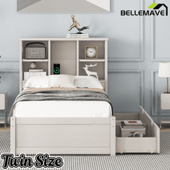 Bellemave® Twin Size Bed Frame with Storage Drawers & Storage Headboard, Wood Platform Bed with Bookcase & Charging Station,Grey - Bellemave