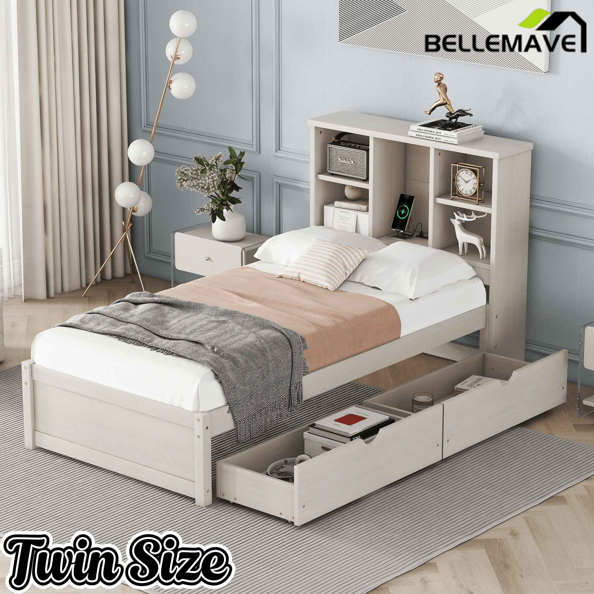 Bellemave® Twin Size Bed Frame with Storage Drawers & Storage Headboard, Wood Platform Bed with Bookcase & Charging Station,Grey - Bellemave