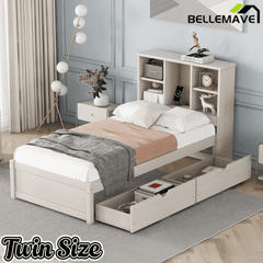 Bellemave® Twin Size Bed Frame with Storage Drawers & Storage Headboard, Wood Platform Bed with Bookcase & Charging Station,Grey - Bellemave