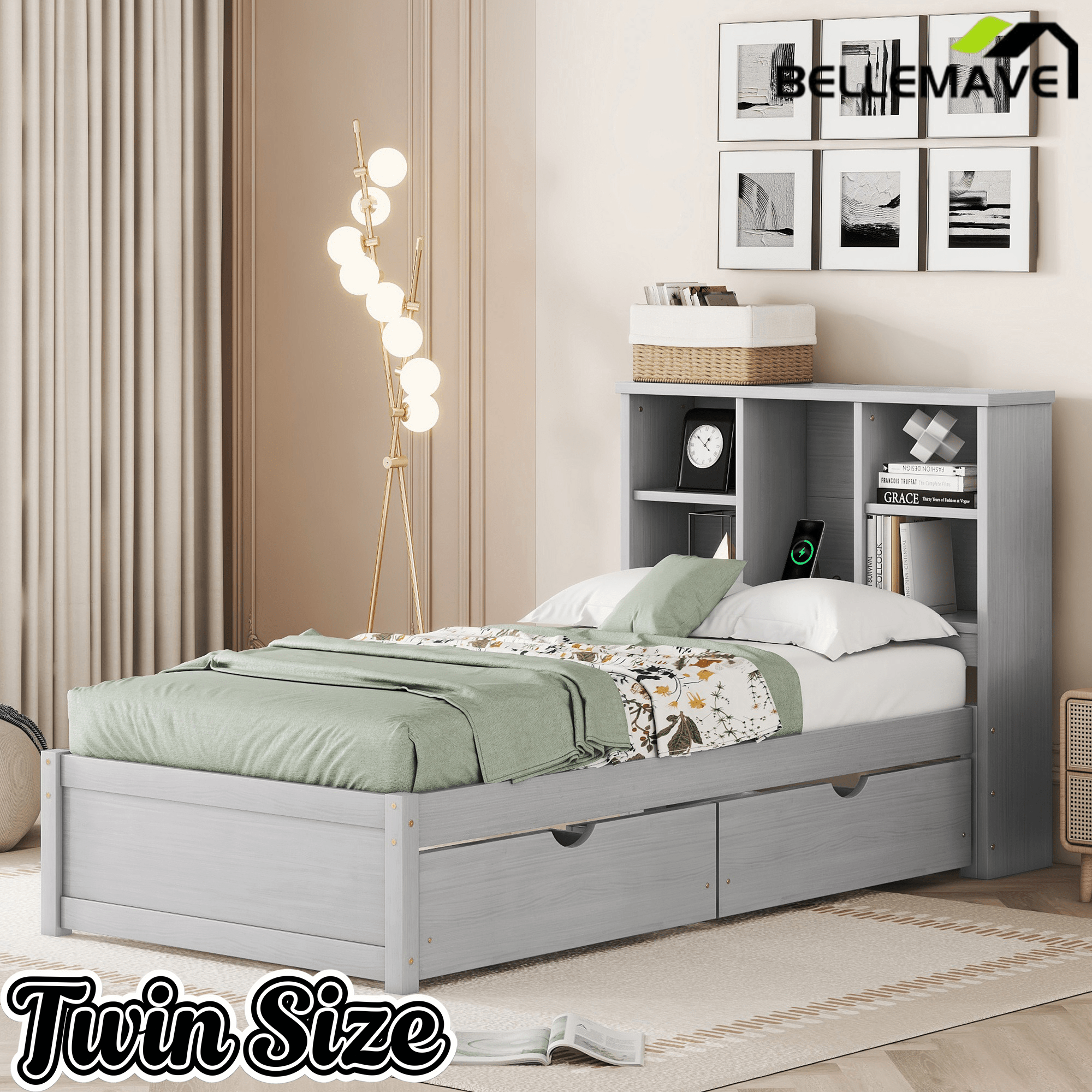 Bellemave® Twin Size Bed Frame with Storage Drawers & Storage Headboard, Wood Platform Bed with Bookcase & Charging Station,Grey - Bellemave