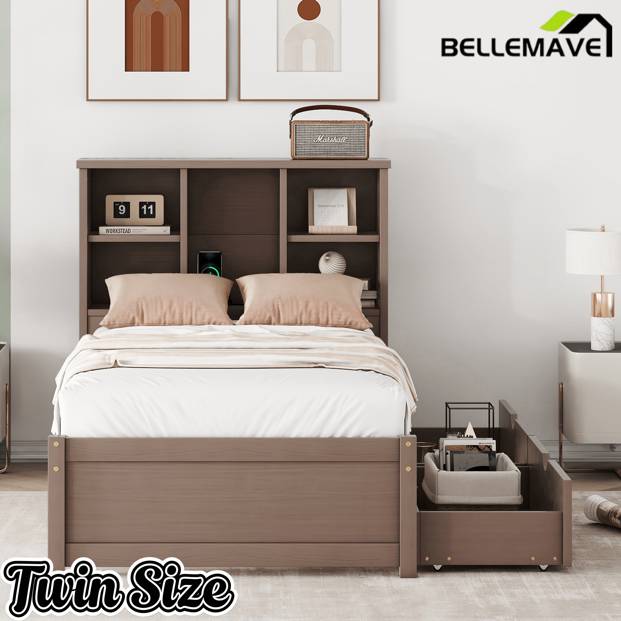 Bellemave® Twin Size Bed Frame with Storage Drawers & Storage Headboard, Wood Platform Bed with Bookcase & Charging Station,Grey - Bellemave