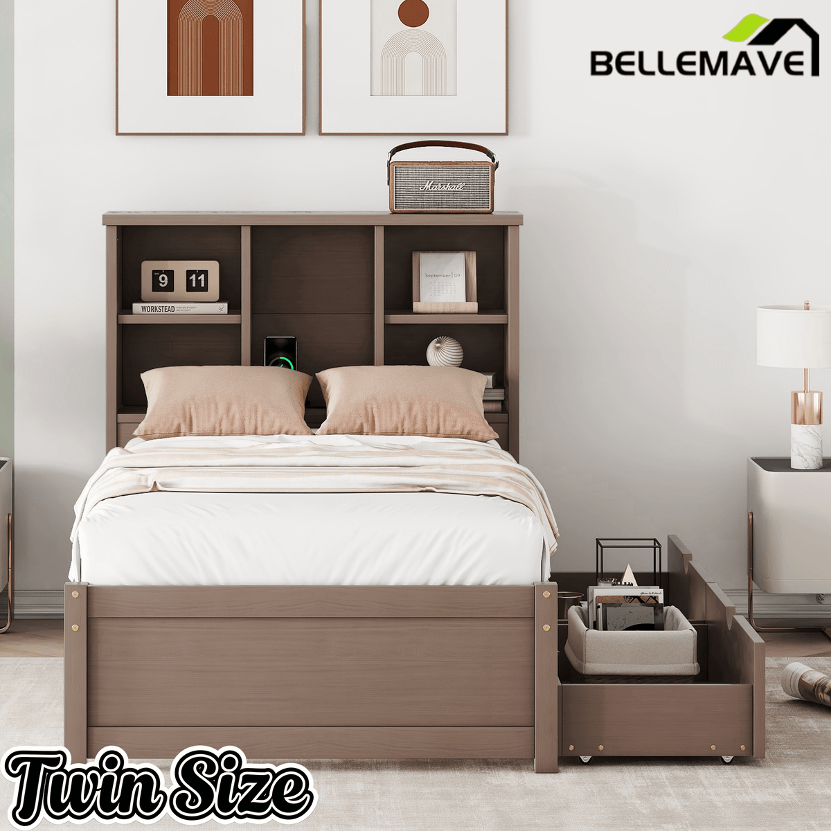 Bellemave® Twin Size Bed Frame with Storage Drawers & Storage Headboard, Wood Platform Bed with Bookcase & Charging Station,Grey - Bellemave