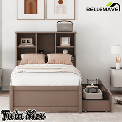 Bellemave® Twin Size Bed Frame with Storage Drawers & Storage Headboard, Wood Platform Bed with Bookcase & Charging Station,Grey - Bellemave