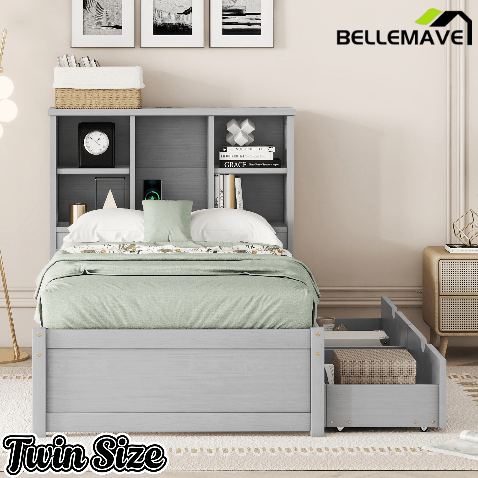 Bellemave® Twin Size Bed Frame with Storage Drawers & Storage Headboard, Wood Platform Bed with Bookcase & Charging Station,Grey - Bellemave