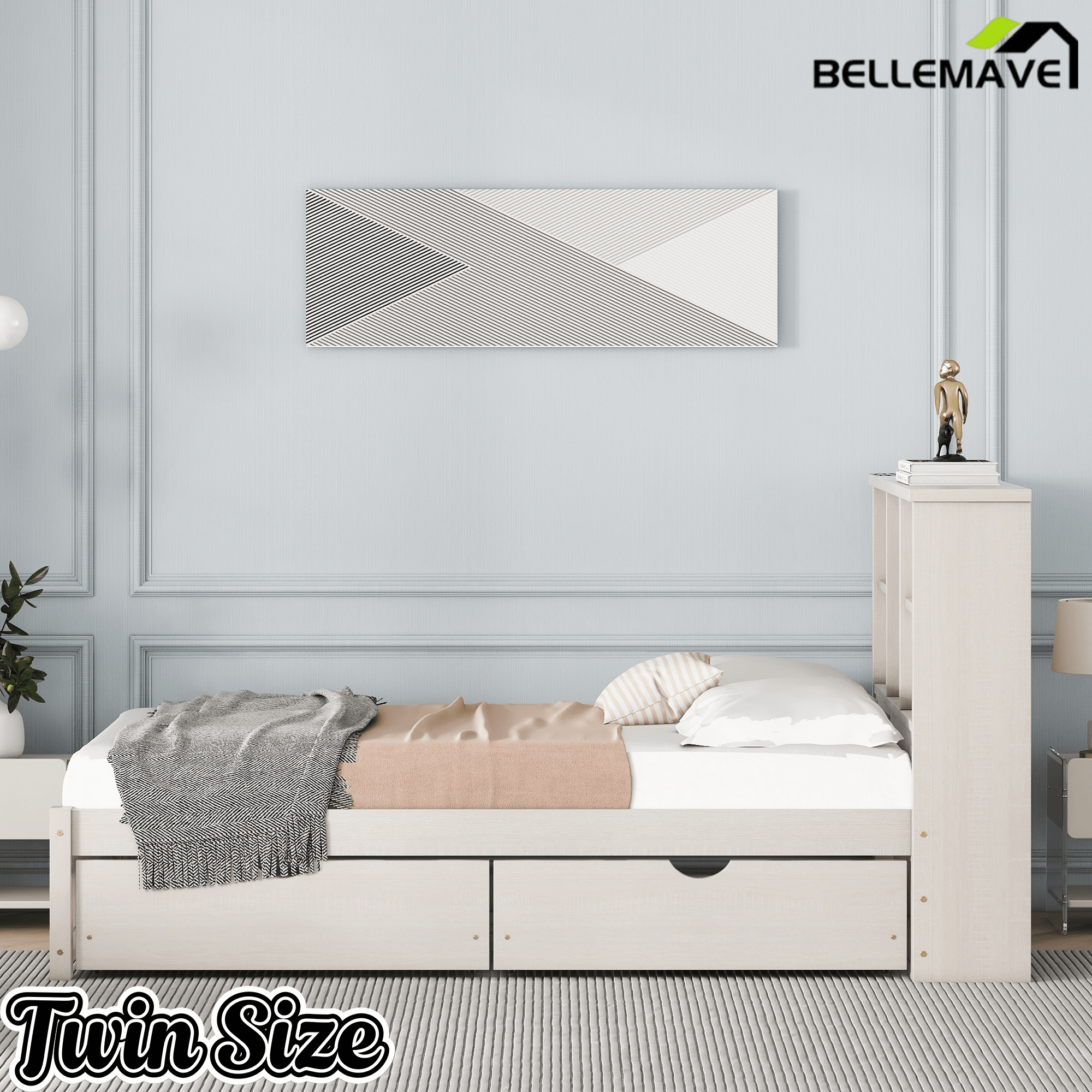 Bellemave® Twin Size Bed Frame with Storage Drawers & Storage Headboard, Wood Platform Bed with Bookcase & Charging Station,Grey - Bellemave