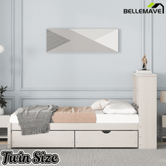 Bellemave® Twin Size Bed Frame with Storage Drawers & Storage Headboard, Wood Platform Bed with Bookcase & Charging Station,Grey - Bellemave