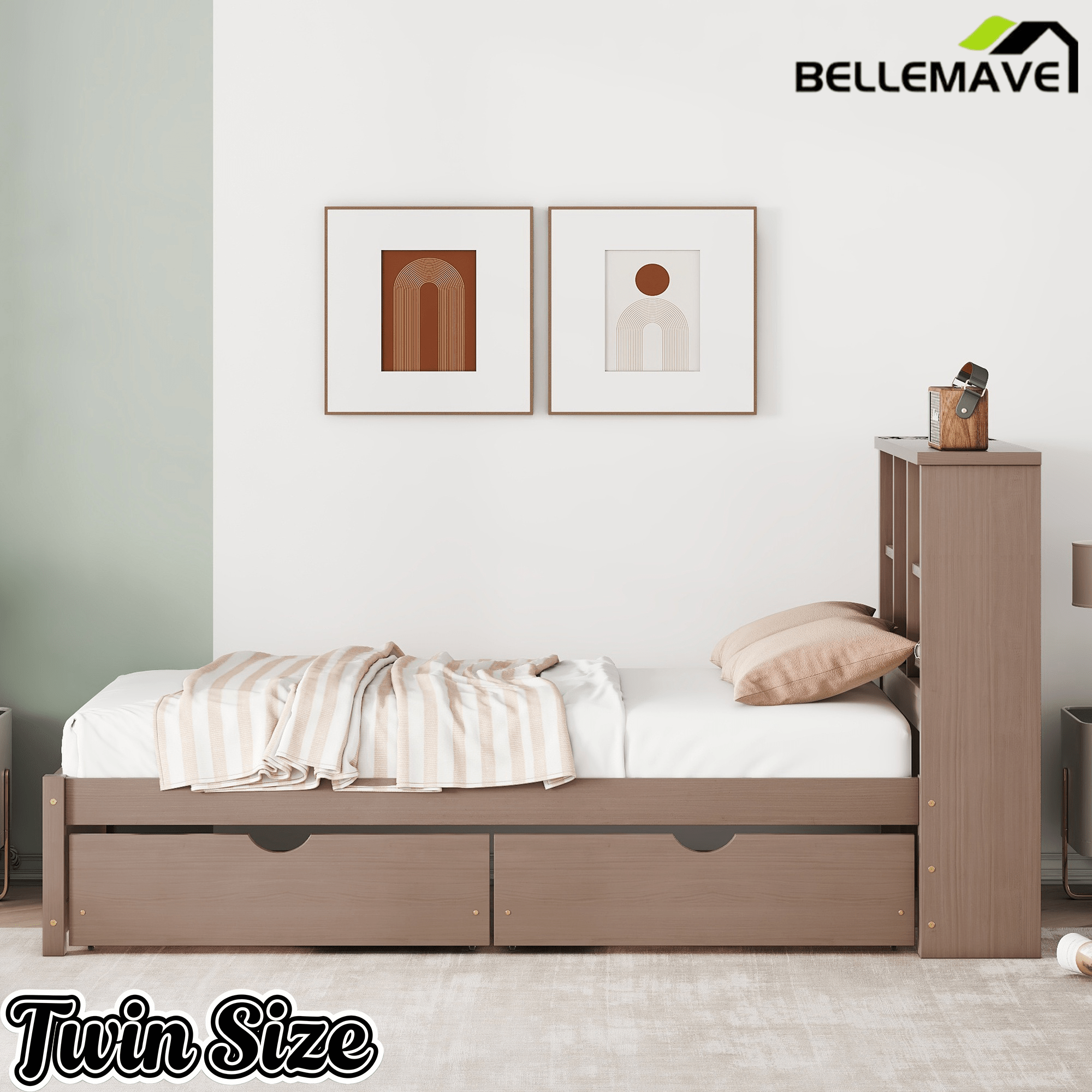 Bellemave® Twin Size Bed Frame with Storage Drawers & Storage Headboard, Wood Platform Bed with Bookcase & Charging Station,Grey - Bellemave
