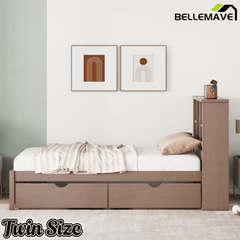 Bellemave® Twin Size Bed Frame with Storage Drawers & Storage Headboard, Wood Platform Bed with Bookcase & Charging Station,Grey - Bellemave