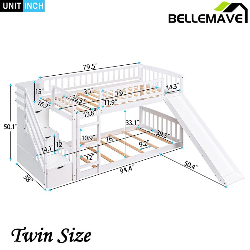 Bellemave® Twin Size Bunk Bed with 3 Drawers and Slide - Bellemave