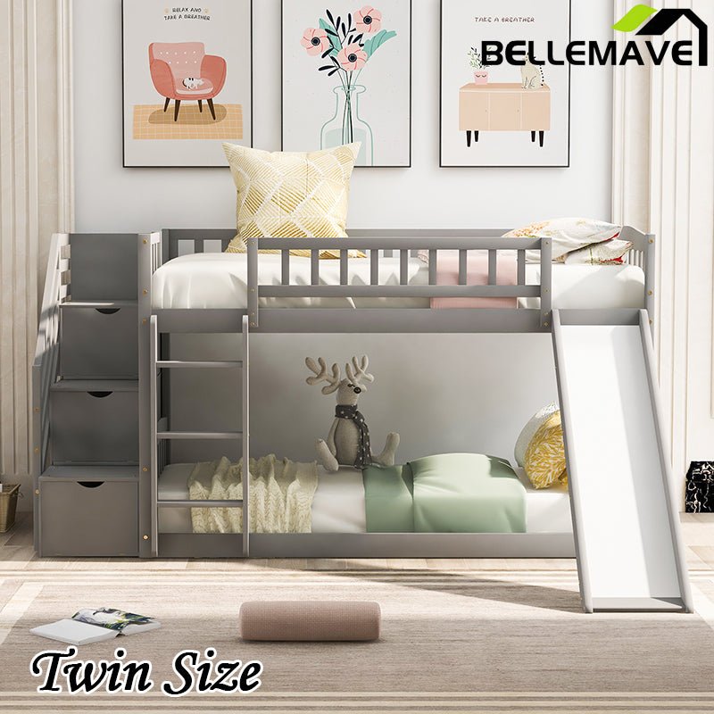 Bellemave® Twin Size Bunk Bed with 3 Drawers and Slide - Bellemave