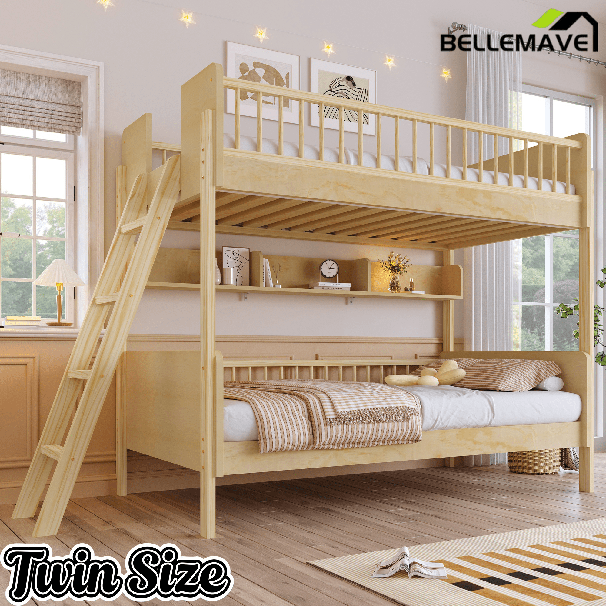 Bellemave® Twin Size Bunk Bed with 3 Storage Shelves, Safety Guardrails & Interchangeable Ladder, Space Saving Design for Kids Room, White - Bellemave