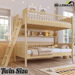 Bellemave® Twin Size Bunk Bed with 3 Storage Shelves, Safety Guardrails & Interchangeable Ladder, Space Saving Design for Kids Room, White - Bellemave