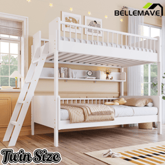 Bellemave® Twin Size Bunk Bed with 3 Storage Shelves, Safety Guardrails & Interchangeable Ladder, Space Saving Design for Kids Room, White - Bellemave