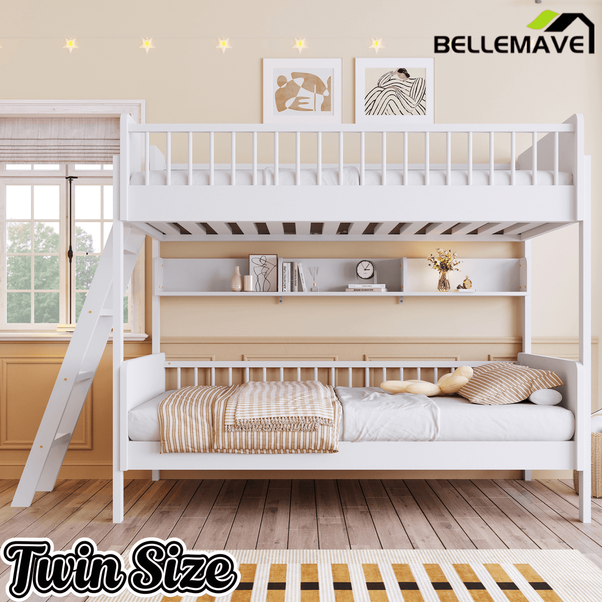 Bellemave® Twin Size Bunk Bed with 3 Storage Shelves, Safety Guardrails & Interchangeable Ladder, Space Saving Design for Kids Room, White - Bellemave