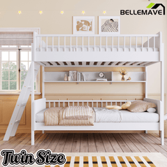 Bellemave® Twin Size Bunk Bed with 3 Storage Shelves, Safety Guardrails & Interchangeable Ladder, Space Saving Design for Kids Room, White - Bellemave
