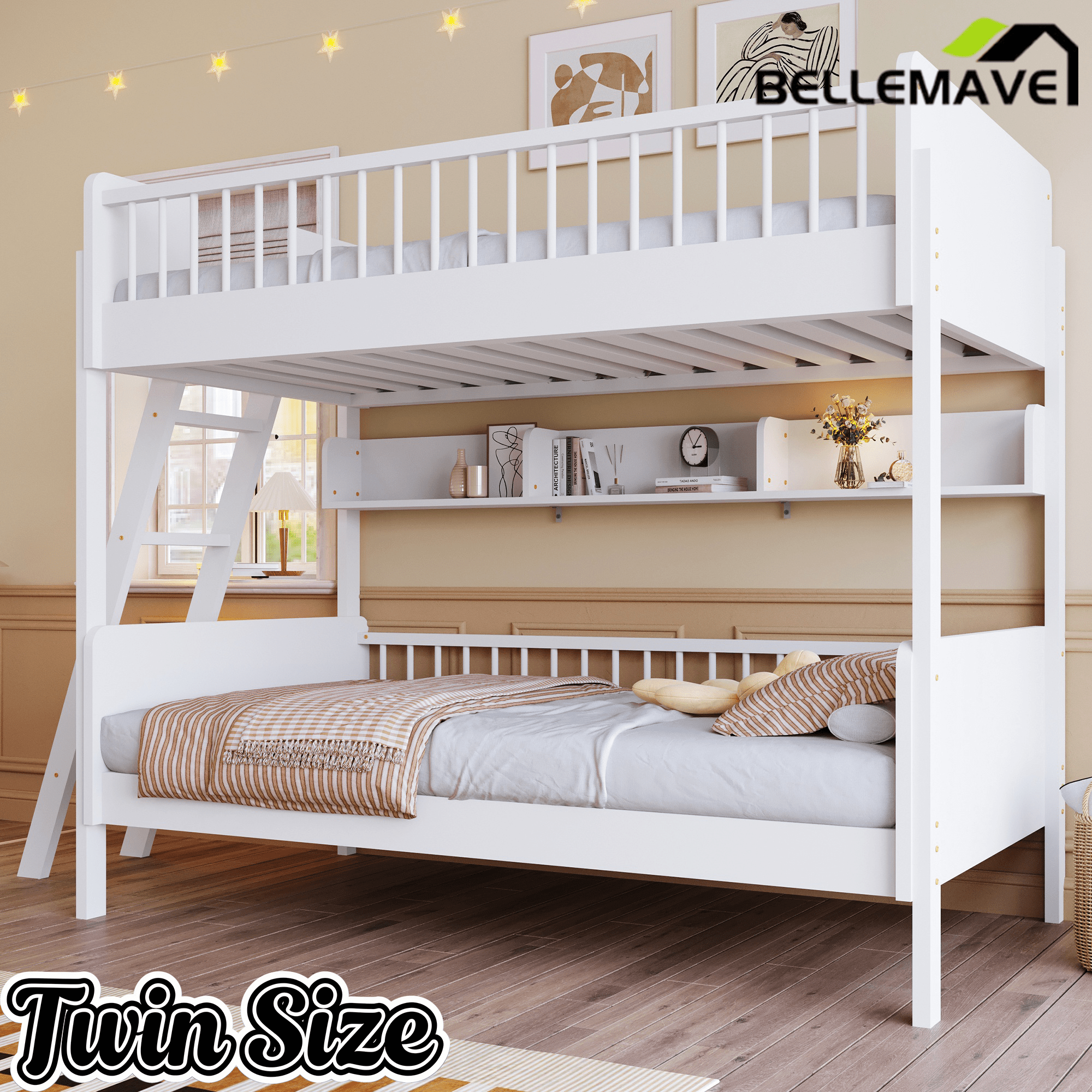 Bellemave® Twin Size Bunk Bed with 3 Storage Shelves, Safety Guardrails & Interchangeable Ladder, Space Saving Design for Kids Room, White - Bellemave