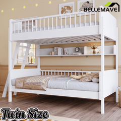 Bellemave® Twin Size Bunk Bed with 3 Storage Shelves, Safety Guardrails & Interchangeable Ladder, Space Saving Design for Kids Room, White - Bellemave