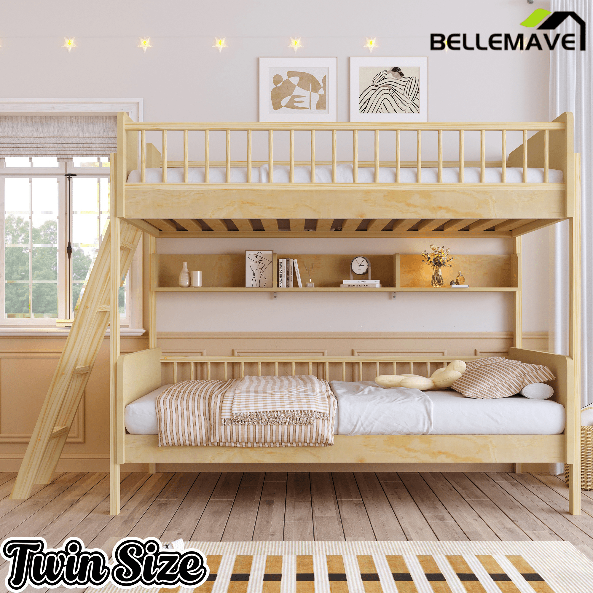Bellemave® Twin Size Bunk Bed with 3 Storage Shelves, Safety Guardrails & Interchangeable Ladder, Space Saving Design for Kids Room, White - Bellemave