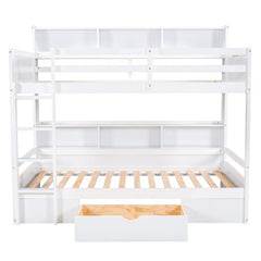 Bellemave® Twin Size Bunk Bed with Built - in Shelves Beside both Upper and Down Bed and Storage Drawer - Bellemave