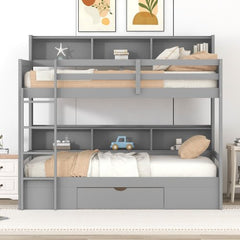 Bellemave® Twin Size Bunk Bed with Built - in Shelves Beside both Upper and Down Bed and Storage Drawer - Bellemave