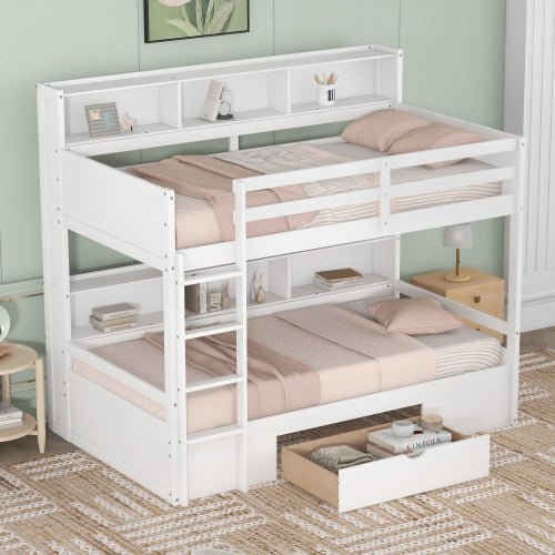 Bellemave® Twin Size Bunk Bed with Built - in Shelves Beside both Upper and Down Bed and Storage Drawer - Bellemave