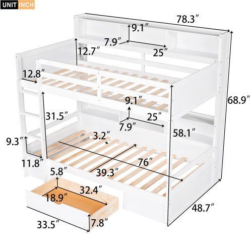 Bellemave® Twin Size Bunk Bed with Built - in Shelves Beside both Upper and Down Bed and Storage Drawer - Bellemave