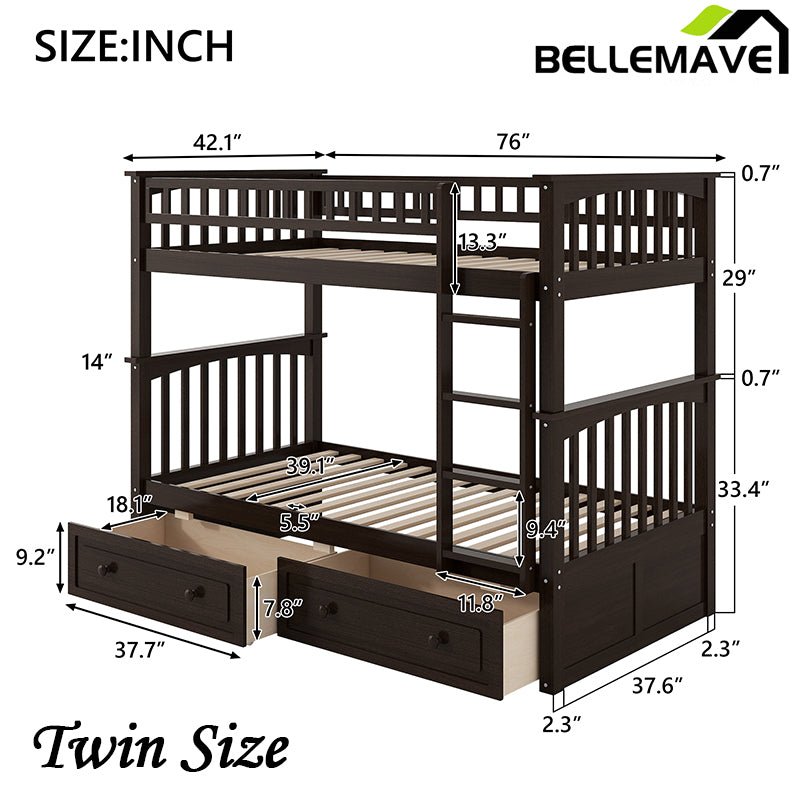 Bellemave® Twin Size Bunk Bed with Drawers(Convertible) - Bellemave