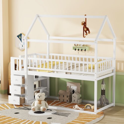 Bellemave® Twin Size Bunk Bed with Shelves and 3 Drawers - Bellemave