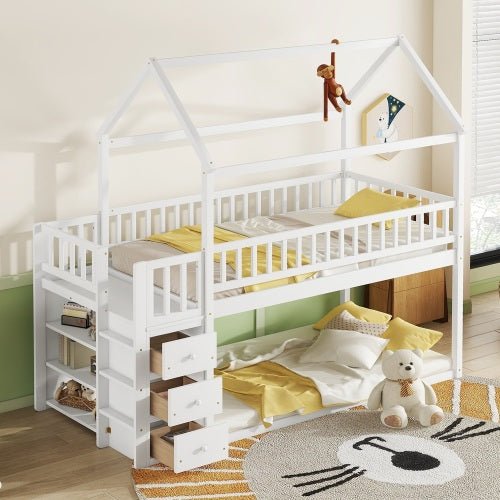 Bellemave® Twin Size Bunk Bed with Shelves and 3 Drawers - Bellemave