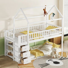 Bellemave® Twin Size Bunk Bed with Shelves and 3 Drawers - Bellemave