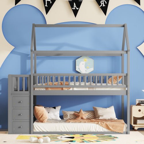 Bellemave® Twin Size Bunk Bed with Shelves and 3 Drawers - Bellemave