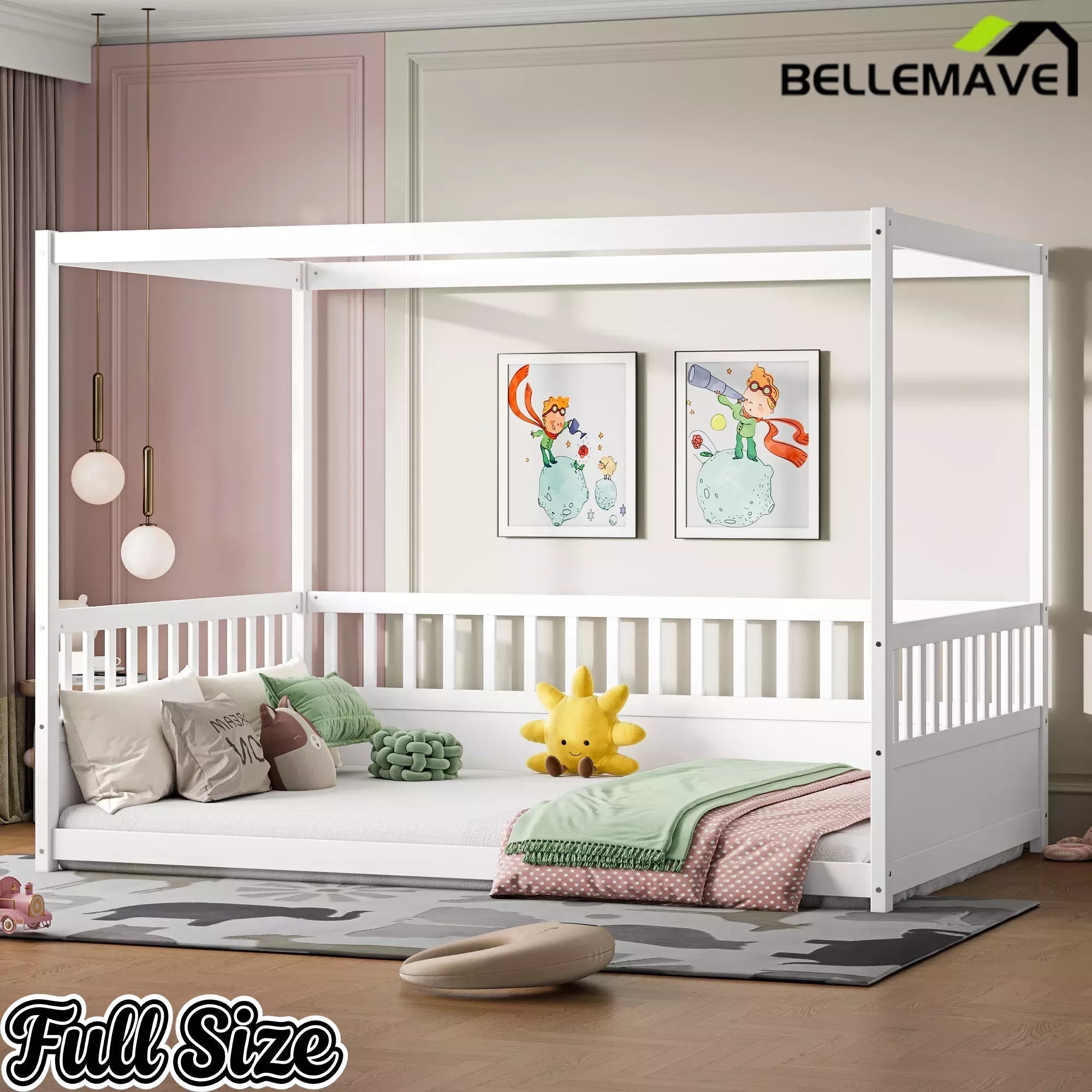 Bellemave® Twin Size Canopy Bed Frame with 4 Posters and Guardrails, Twin Size Montessori Floor Bed with High Fence - Bellemave