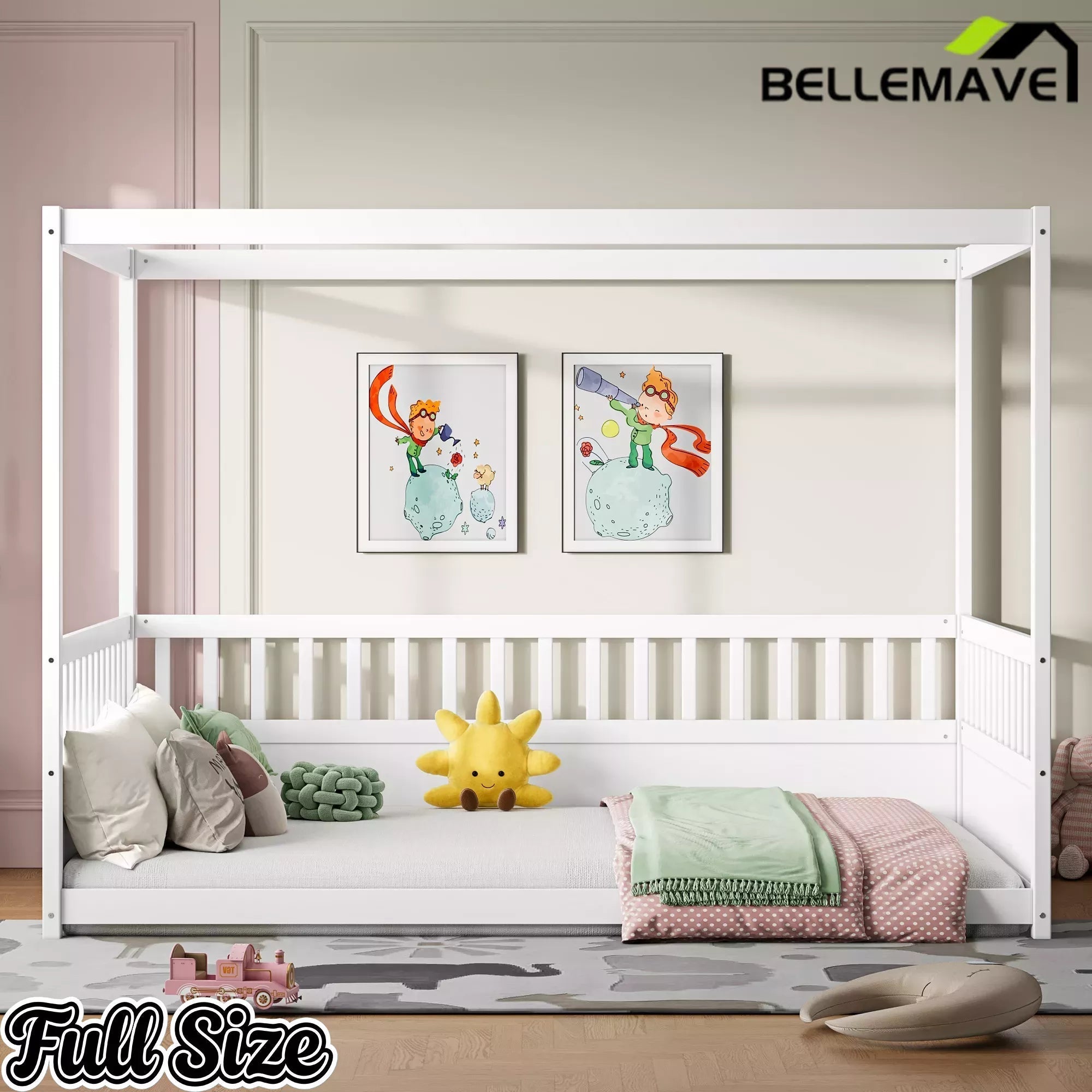 Bellemave® Twin Size Canopy Bed Frame with 4 Posters and Guardrails, Twin Size Montessori Floor Bed with High Fence - Bellemave