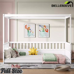 Bellemave® Twin Size Canopy Bed Frame with 4 Posters and Guardrails, Twin Size Montessori Floor Bed with High Fence - Bellemave
