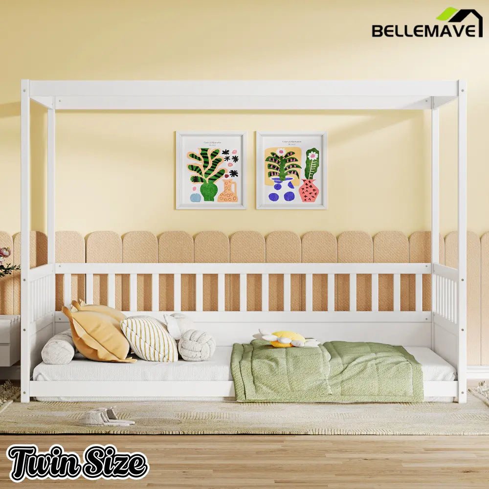 Bellemave® Twin Size Canopy Bed Frame with 4 Posters and Guardrails, Twin Size Montessori Floor Bed with High Fence - Bellemave