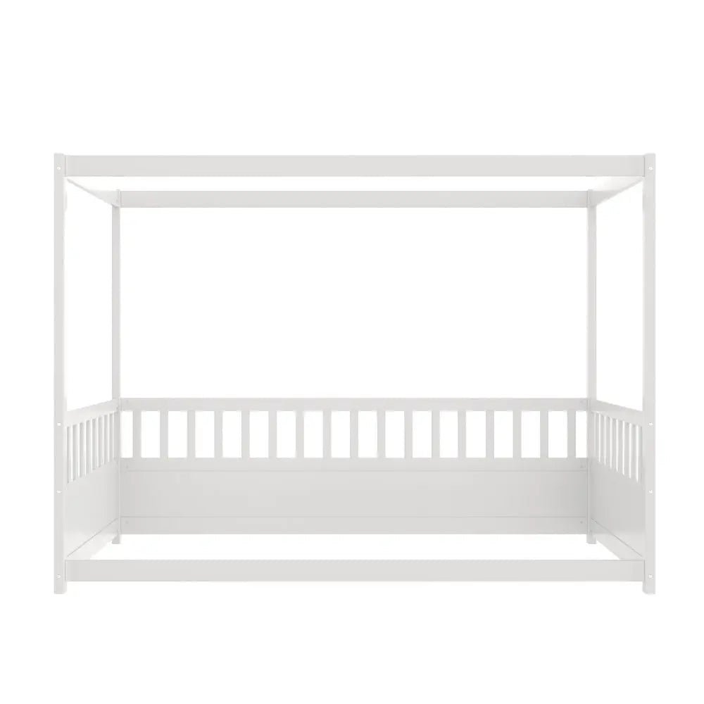 Bellemave® Twin Size Canopy Bed Frame with 4 Posters and Guardrails, Twin Size Montessori Floor Bed with High Fence - Bellemave