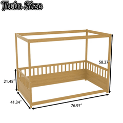 Bellemave® Twin Size Canopy Bed Frame with 4 Posters and Guardrails, Twin Size Montessori Floor Bed with High Fence - Bellemave