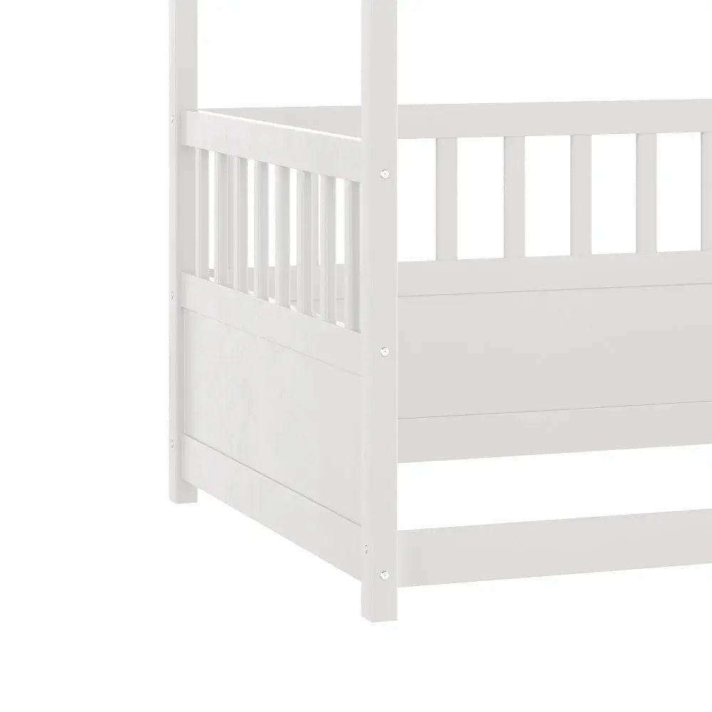 Bellemave® Twin Size Canopy Bed Frame with 4 Posters and Guardrails, Twin Size Montessori Floor Bed with High Fence - Bellemave