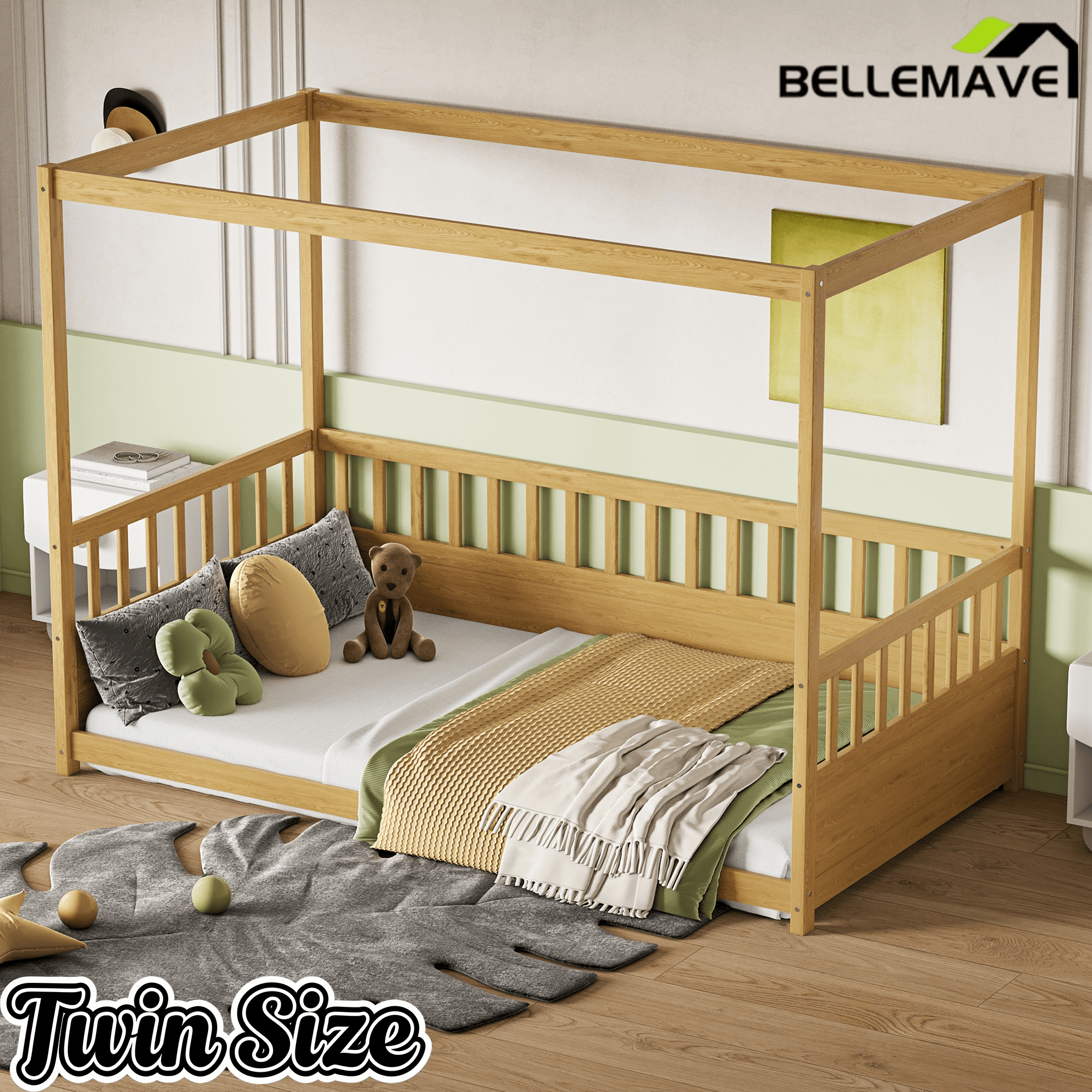 Bellemave® Twin Size Canopy Bed Frame with 4 Posters and Guardrails, Twin Size Montessori Floor Bed with High Fence - Bellemave